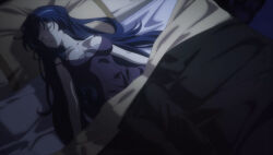 Rule 34 | 1girl, anime screenshot, bed, blue hair, breasts, cleavage, cleeavage, closed eyes, collarbone, highres, large breasts, long hair, nightgown, on bed, open mouth, screencap, sleeping, spy kyoushitsu, stitched, thea (spy kyoushitsu), third-party edit