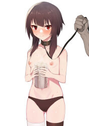 Rule 34 | 1boy, 1girl, bandaged leg, bandages, bdsm, blush, breasts, brown hair, brown panties, brown thighhighs, closed mouth, collar, collarbone, cum, cum in container, cum in cup, cup, embarrassed, gluteal fold, highres, holding, holding cup, holding leash, kono subarashii sekai ni shukufuku wo!, leash, megumin, miga (migao), navel, nipples, panties, panties only, red eyes, short hair with long locks, sidelocks, single thighhigh, slave, small breasts, sweat, thighhighs, underwear, white background