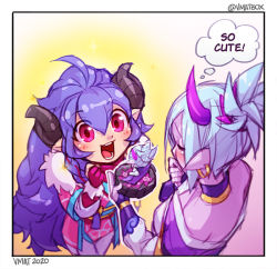 Rule 34 | 2girls, ahoge, artist name, blush, border, colored skin, earrings, from above, fur trim, gloves, gradient background, height difference, horns, jewelry, kindred (league of legends), lamb (league of legends), league of legends, long hair, multiple girls, open mouth, pink gloves, pink skin, red eyes, riven (league of legends), spirit blossom (league of legends), spirit blossom kindred, spirit blossom riven, teeth, tongue, vmat, white border
