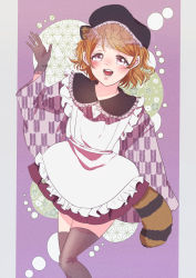 Rule 34 | 1girl, absurdres, apron, artist name, artist request, black gloves, black hat, black legwear, blush, breasts, brown hair, dress, female focus, frilled apron, frilled shirt collar, frills, gloves, hair between eyes, hand wave, hat, highres, koizumi hanayo, long sleeves, looking at viewer, love live!, love live! school idol project, miniskirt, parted lips, plaid, plaid dress, plaid skirt, pleated, pleated dress, pleated skirt, purple background, purple dress, purple eyes, purple skirt, raccoon tail, short hair, skirt, smile, solo, tail, white apron, wide sleeves