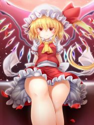 Rule 34 | 1girl, blonde hair, blush, breasts, closed mouth, crystal, eyes visible through hair, flandre scarlet, hat, highres, looking at viewer, marukyuu ameya, moon, ponytail, red background, red eyes, red ribbon, red skirt, red vest, ribbon, shirt, short hair, short sleeves, sitting, skirt, small breasts, smile, solo, thighs, touhou, vest, white hat, white shirt, white sleeves, wings, yellow neckwear