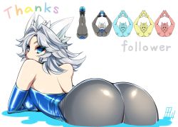 Rule 34 | 1girl, ass, backless outfit, bent over, blue eyes, braid, breasts, elbow gloves, english text, from behind, gloves, high heels, izayoi sakuya, leotard, looking at viewer, looking back, maid headdress, milestone celebration, pantyhose, short hair, silver hair, simple background, smile, solo, spread legs, tajima yuuki, text focus, touhou, twin braids, white background