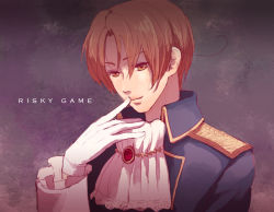 Rule 34 | 1boy, ahoge, alternate costume, arm up, ascot, axis powers hetalia, brown eyes, brown hair, colored eyelashes, english text, finger to mouth, formal, gloves, lips, male focus, mikumikudance, northern italy (hetalia), parted bangs, smile, solo, text focus