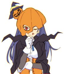 Rule 34 | 10s, 1girl, blue hair, breasts, cape, corset, female focus, food-themed hair ornament, gloves, hair ornament, halloween costume, hand on own chin, hat, jack-o&#039;-lantern, long hair, looking at viewer, love live!, love live! sunshine!!, one eye closed, pumpkin hair ornament, pumpkin mask, red eyes, simple background, solo, tongue, tongue out, tsushima yoshiko, upper body, ushiki yoshitaka, white background, white gloves, witch hat