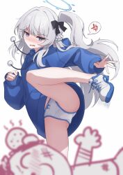 Rule 34 | 1girl, alternate costume, angry, arm up, black ribbon, blue archive, blue halo, blue hoodie, blush, doodle sensei (blue archive), drawstring, hair ribbon, halo, head bump, highres, hood, hood down, hoodie, kicking, long hair, long sleeves, miyako (blue archive), miyako (young) (blue archive), multicolored footwear, noogie, one side up, open mouth, panties, ribbon, ripnte, scratches, sensei (blue archive), shoes, speech bubble, underwear, white footwear, white hair, white panties