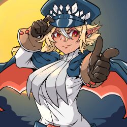 Rule 34 | 1girl, aikohgin, blonde hair, blue hat, bright pupils, brown eyes, brown gloves, cape, closed mouth, commentary, elf, eyelashes, gloves, hair between eyes, hat, highres, hololive, multicolored hair, peaked cap, pointy ears, shiranui flare, shirt, smile, solo, streaked hair, upper body, virtual youtuber, white pupils, white shirt
