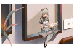 Rule 34 | 1girl, absurdres, animal ears, animal print, apron, blue eyes, book, bookmark, border, ciel (paradis47), closed mouth, crying, crying with eyes open, fish print, frills, grey hair, hair between eyes, heart, highres, holding, holding book, long hair, maid, maid apron, necktie, open book, original, painterly, picture frame, plant, reading, sign, sitting, solo, tears, white border, yellow necktie