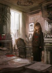 Rule 34 | 1girl, black shirt, black skirt, brown eyes, brown hair, chair, closed mouth, day, highres, indoors, lm7 (op-center), long hair, long sleeves, original, painting (object), plant, potted plant, shirt, skirt, solo, standing