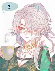 Rule 34 | 1girl, ?, absurdres, ahoge, alhaitham (genshin impact), blue eyes, breasts, chinese commentary, cleavage, coffee mug, commentary request, cup, genderswap, genderswap (mtf), genshin impact, glasses, gold necklace, grey hair, highres, jewelry, large breasts, long hair, mug, necklace, solo, tiankongyuhe