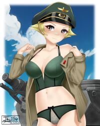 Rule 34 | artist name, blonde hair, blue sky, blush, bow, bow panties, bra, breasts, brown eyes, brown jacket, clothes pull, cloud, cloudy sky, commentary, dated, day, english commentary, erwin (girls und panzer), girls und panzer, green bra, green hat, green panties, hat, highres, jacket, jacket pull, jay156, large breasts, long sleeves, looking at viewer, military, military hat, military jacket, military vehicle, motor vehicle, navel, no bra, no pants, off shoulder, open clothes, open jacket, outdoors, panties, peaked cap, pointy hair, pulled by self, short hair, sky, sturmgeschutz iii, tank, underwear, undressing