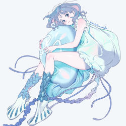 Rule 34 | 1girl, animal, artist name, blue eyes, blue nails, blue sweater, closed mouth, colored inner hair, commentary, english commentary, fins, floating, frilled sweater, frills, full body, grey background, highres, holding, holding animal, jellyfish, jellyfish girl, light smile, looking at viewer, monster girl, multicolored hair, nail polish, original, pink hair, purple hair, short hair, simple background, sleeveless, solo, sweater, tentacles, umishima senbon