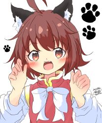 Rule 34 | 1girl, absurdres, ahoge, animal ear fluff, animal ears, blush, brown eyes, brown hair, cat ears, chen, commentary request, dated, gold trim, hands up, happy, highres, long sleeves, looking at viewer, no headwear, open mouth, paw print, puffy long sleeves, puffy sleeves, red vest, signature, simple background, solo, touhou, upper body, vest, white background, yaminabe (honnouji no kaninabe)