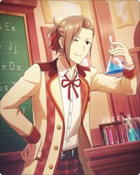Rule 34 | 1boy, belt, buttons, classroom, collared shirt, flask, holding, holding flask, idolmaster, idolmaster side-m, idolmaster side-m growing stars, long sleeves, male focus, neck ribbon, official art, one eye closed, ribbon, shirt, solo, test tube, watanabe minori