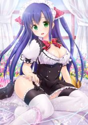 Rule 34 | 1girl, :d, bad anatomy, bad id, bad pixiv id, blue hair, bow, bowtie, breasts, bridal garter, cleavage, cleavage cutout, clothing cutout, curtains, eyebrows, flower, frilled thighhighs, frills, garter straps, green eyes, heart, highres, indoors, large breasts, long hair, looking at viewer, maid, maid headdress, moe2015, open mouth, original, panties, panties around leg, pink panties, plaid, plaid ribbon, purple hair, red bow, red bowtie, ribbon, sitting, smile, solo, sparkle, takeashiro, thighhighs, thighs, two side up, underwear, white thighhighs, window, yokozuwari