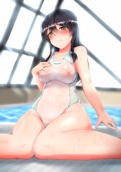 Rule 34 | 1girl, black hair, blush, breasts, competition swimsuit, covered erect nipples, embarrassed, hair ornament, highleg, highleg swimsuit, highres, indoors, kantai collection, long hair, looking at viewer, medium breasts, nipples, one-piece swimsuit, oyashio (kancolle), poolside, rei no pool, see-through, sekino takehiro, sitting, solo, swimsuit, wet, white one-piece swimsuit, yellow eyes