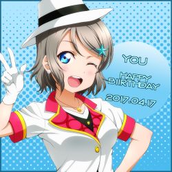 Rule 34 | 10s, 1girl, anibache, blue eyes, blush, breasts, collarbone, dated, earrings, gloves, grey hair, hair ornament, happy birthday, hat, jewelry, looking at viewer, love live!, love live! school idol festival, love live! sunshine!!, medium breasts, mirai ticket, necklace, one eye closed, open mouth, puffy short sleeves, puffy sleeves, short hair, short sleeves, smile, solo, star (symbol), star hair ornament, upper body, v, watanabe you, white gloves, white hat