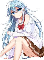 Rule 34 | 10s, 1girl, bad id, bad nicoseiga id, bare shoulders, blue eyes, blue hair, bow, breasts, brown skirt, cleavage, denpa onna to seishun otoko, legs, long hair, looking at viewer, matching hair/eyes, minami saki, off shoulder, pleated skirt, red bow, simple background, sitting, skirt, smile, solo, touwa erio, white background