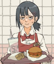 Rule 34 | 1girl, absurdres, apron, black hair, blush, bow, bowtie, brown eyes, burger, chainsaw man, collared shirt, cup, disposable cup, employee uniform, fast food, food, french fries, hair ornament, hairclip, higashiyama kobeni, highres, holding, holding tray, name tag, pantsu-ripper, pochita (chainsaw man), red apron, red bow, red bowtie, shirt, short ponytail, single sidelock, solo, sweat, tile wall, tiles, tray, uniform, white shirt