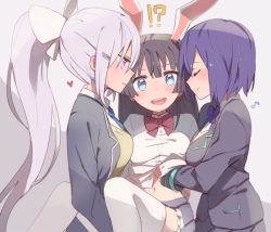 Rule 34 | !?, 3girls, black hair, black jacket, blue eyes, blue neckwear, blush, bow, bowtie, breasts, brown sweater, closed eyes, closed mouth, collared shirt, commentary request, eighth note, grey background, grey skirt, groping, hair bow, heart, higuchi kaede, higuchi kaede (1st costume), jacket, jk gumi (nijisanji), large breasts, long hair, long sleeves, looking at viewer, multigrope, multiple girls, musical note, navel, necktie, nijisanji, open clothes, open jacket, open mouth, parted lips, ponytail, profile, purple eyes, purple hair, purple neckwear, red neckwear, shirt, shizuka rin, short hair, silver hair, simple background, skirt, sou (tuhut), sweat, sweater, thighhighs, tsukino mito, tsukino mito (1st costume), upper body, virtual youtuber, white bow, white legwear, white shirt, yuri