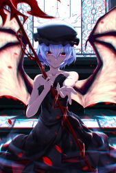 Rule 34 | 1girl, alternate costume, aono meri, bad id, bad twitter id, bare shoulders, bat wings, black dress, blue hair, chromatic aberration, closed mouth, collarbone, dress, expressionless, floral print, hair between eyes, hat, highres, indoors, looking at viewer, mob cap, petals, pointy ears, reaching, reaching towards viewer, red eyes, remilia scarlet, rose petals, solo, spear the gungnir, touhou, window, wings