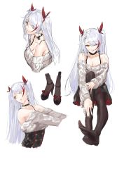 Rule 34 | 1girl, a.t. zero, antenna hair, azur lane, black choker, black footwear, black pantyhose, black skirt, breasts, buttons, choker, collarbone, contemporary, cross, cross earrings, earrings, feet, grey sweater, high-waist skirt, high heels, highres, jewelry, large breasts, legs, licking lips, long hair, looking at viewer, multicolored hair, multiple views, off-shoulder sweater, off shoulder, one eye closed, open mouth, pantyhose, prinz eugen (azur lane), silver hair, simple background, sitting, skirt, smile, streaked hair, sweater, swept bangs, tongue, tongue out, two side up, white background