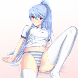 Rule 34 | 1girl, arm support, atlus, blue hair, cameltoe, gym uniform, highres, labrys (persona), long hair, looking at viewer, megami tensei, navel, panties, persona, persona 4, persona 4: the ultimate in mayonaka arena, ponytail, red eyes, shin megami tensei, solo, striped clothes, striped panties, thighhighs, underwear, white thighhighs