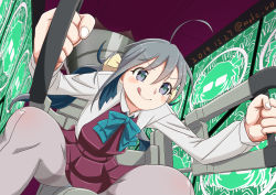 Rule 34 | 1girl, :q, ahoge, blue bow, blue bowtie, bow, bowtie, cockpit, collared shirt, dated, grey eyes, grey hair, grey pantyhose, hair between eyes, kantai collection, kiyoshimo (kancolle), licking lips, long hair, long sleeves, low twintails, moke ro, pantyhose, parody, shirt, smile, solo, tengen toppa gurren lagann, tongue, tongue out, twintails, twitter username, very long hair, white shirt