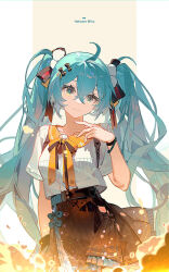Rule 34 | 1girl, ahoge, arm at side, belt, black belt, black skirt, blue bow, bow, bowtie, bracelet, character name, closed mouth, collarbone, cowboy shot, crop top, embers, hand up, hatsune miku, highres, jewelry, light particles, long hair, looking at viewer, orange bow, orange bowtie, outside border, pillarboxed, shirt, skirt, smile, solo, standing, twintails, two-tone background, vocaloid, weibo logo, weibo watermark, white background, white shirt, wusu (owusuo), yellow background