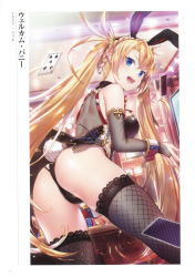 Rule 34 | 1girl, absurdres, animal ears, artist name, ass, bare shoulders, black gloves, black thighhighs, blonde hair, blue eyes, bradamante (fate), bradamante (welcome bunny) (fate), braid, breasts, bridal gauntlets, buriki, card, crown braid, elbow gloves, fake animal ears, fake tail, fate/grand order, fate (series), fishnet thighhighs, fishnets, gloves, hair ornament, hairband, highres, indoors, leotard, long hair, looking at viewer, looking back, open mouth, page number, playboy bunny, rabbit ears, rabbit tail, scan, smile, solo, tail, thighhighs, thighs, twintails, wrist cuffs