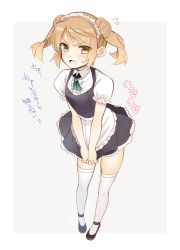 Rule 34 | &gt;:o, 10s, 1girl, :o, alternate costume, apron, black footwear, blush, brown eyes, brown hair, double bun, enmaided, fang, fidgeting, flying sweatdrops, frills, hair bun, kantai collection, leaning forward, looking at viewer, maid, maid apron, maid headdress, michishio (kancolle), open mouth, puffy short sleeves, puffy sleeves, shirogane rio (artist), shoes, short sleeves, skirt, skirt tug, solo, sweatdrop, thighhighs, twintails, v-shaped eyebrows, v arms, waist apron, white thighhighs