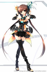 Rule 34 | 1girl, ascot, black dress, black skirt, black thighhighs, breasts, brown eyes, brown hair, cleavage, crossed legs, dress, full body, headset, long hair, looking at viewer, medium breasts, original, skirt, smile, solo, standing, thighhighs, twintails, vocaloid, vocaloid append, watermark, watson cross, web address, white background, windforcelan