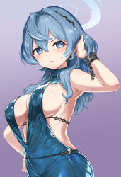 Rule 34 | 1girl, ako (blue archive), ako (dress) (blue archive), backless dress, backless outfit, blue archive, blue dress, blue eyes, blue hair, blue halo, blush, breasts, closed mouth, cuffs, dress, hair between eyes, halo, handcuffs, highres, large breasts, long hair, official alternate costume, sideboob, sleeveless, sleeveless dress, solo, zaxwu