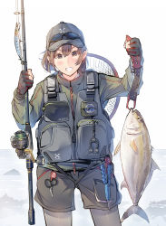 Rule 34 | 1girl, black gloves, black headwear, black shorts, brown hair, commentary request, daito, eyewear on headwear, fish, fishing net, fishing rod, gloves, green jacket, grey pantyhose, grey vest, highres, holding, holding fishing rod, jacket, looking at viewer, lure, original, pantyhose, partially fingerless gloves, short hair, shorts, simple background, solo, sunglasses, vest, white background