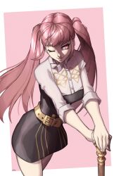 Rule 34 | 1girl, absurdres, axe, belt, border, buttons, female focus, fire emblem, fire emblem: three houses, garreg mach monastery uniform, highres, hilda valentine goneril, loose hair strand, matching hair/eyes, nintendo, one eye closed, pink background, pink eyes, pink hair, sidelocks, solo, standing, twintails, white border, wink, x xith x