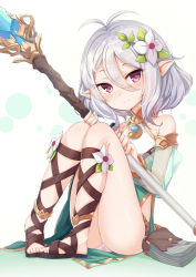 Rule 34 | 1girl, absurdres, antenna hair, bare shoulders, black footwear, blush, closed mouth, commentary request, detached sleeves, dress, flower, hair between eyes, hair flower, hair ornament, highres, holding, holding staff, j young, knees up, kokkoro (princess connect!), legs, long sleeves, looking at viewer, panties, pigeon-toed, pointy ears, princess connect!, puffy long sleeves, puffy sleeves, purple eyes, see-through, see-through sleeves, silver hair, sitting, sleeveless, sleeveless dress, smile, solo, split mouth, staff, toenails, underwear, white background, white dress, white flower, white panties