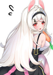 Rule 34 | 1girl, absurdres, animal ears, bare shoulders, black dress, black sleeves, rabbit hair ornament, carrot, commentary request, copyright request, detached sleeves, dress, feet out of frame, flying sweatdrops, food, from behind, hair ornament, hashiko nowoto, highres, holding, holding food, long hair, long sleeves, looking at viewer, looking back, nail polish, pantyhose, pink nails, pink pantyhose, rabbit ears, red eyes, simple background, sleeves past wrists, solo, very long hair, virtual youtuber, white background, white hair
