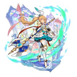 Rule 34 | 1girl, armor, armored boots, axe, bare shoulders, blue ribbon, boots, breastplate, dragalia lost, dress, elisanne, holding, holding axe, holding weapon, light brown hair, official art, paladin, purple eyes, ribbon, saitou naoki, solo, stained glass, transparent background, weapon, white armor