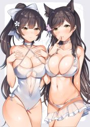 Rule 34 | 2girls, :&lt;, aozora nan, arm behind back, atago (azur lane), atago (summer march) (azur lane), azur lane, bikini, blush, border, bow, breasts, brown eyes, brown hair, casual one-piece swimsuit, choker, cleavage, collarbone, covered navel, criss-cross halter, finger to mouth, flower, grey border, groin, hair bow, hair flower, hair ornament, halterneck, hands on own chest, highres, index finger raised, large breasts, long hair, looking at viewer, multiple girls, navel, one-piece swimsuit, ponytail, sarong, see-through, shiny skin, standing, stomach, sweat, swimsuit, takao (azur lane), takao (beach rhapsody) (azur lane), tareme, underboob, very long hair, white background, white bikini, white bow, white neckwear, white one-piece swimsuit