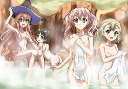 Rule 34 | 10s, 4girls, armpits, ass, atelier (series), atelier escha &amp; logy, black hair, blonde hair, breasts, brown eyes, brown hair, cloud, completely nude, convenient censoring, escha malier, female focus, green eyes, groin, hanzou, hat, legs, long hair, looking back, lucille ernella, medium breasts, multiple girls, nio altugle, nipples, nude, onsen, open mouth, short hair, sitting, sky, small breasts, smile, standing, towel, twintails, very long hair, wading, water, wilbell voll-ersleid, witch hat