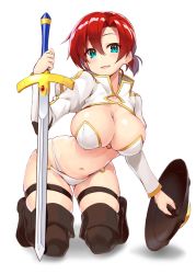 Rule 34 | 1girl, :d, absurdres, aqua eyes, boots, boudica (fate), breasts, brown footwear, cleavage cutout, clothing cutout, fate/grand order, fate (series), full body, gluteal fold, highres, juliet sleeves, kneeling, large breasts, leaning forward, long sleeves, looking at viewer, midriff, navel, o-ring, o-ring bottom, o-ring top, open mouth, puffy sleeves, red hair, revealing clothes, shield, short hair, short ponytail, shrug (clothing), shunichi, simple background, skindentation, smile, solo, sword, thigh boots, thigh strap, thighhighs, weapon, white background