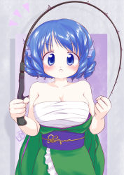 Rule 34 | &gt;:&lt;, 1girl, :&lt;, bare shoulders, blue eyes, blue hair, blush, breasts, chest sarashi, cleavage, closed mouth, collarbone, drill hair, fins, fishing rod, frown, green kimono, head fins, highres, japanese clothes, kimono, large breasts, mermaid, monster girl, obi, off shoulder, sarashi, sash, short hair, solo, touhou, uho (uhoyoshi-o), v-shaped eyebrows, wakasagihime
