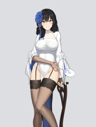 Rule 34 | 1girl, bad id, bad pixiv id, black hair, blue flower, breasts, bridal gauntlets, brown eyes, brown thighhighs, cero (last2stage), china dress, chinese clothes, closed eyes, commentary request, dress, feet out of frame, flower, garter belt, girls&#039; frontline, grey background, groin, hair between eyes, hair flower, hair ornament, hand fan, highres, holding, holding fan, korean commentary, large breasts, long hair, long sleeves, looking at viewer, mole, mole under eye, official alternate costume, panties, pelvic curtain, side-tie panties, simple background, smile, solo, standing, thighhighs, thighs, type 95 (girls&#039; frontline), type 95 (narcissus) (girls&#039; frontline), underwear, white dress, white panties, wide sleeves