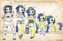 Rule 34 | 1girl, animal print, apron, arrow (symbol), artist name, blue hair, bottle, breasts, cleavage, colored skin, commentary, cow print, english text, freckles, furry, furry female, green eyes, hat, highres, hooves, horse girl, large breasts, looking at viewer, mega milk, meme attire, milk bottle, milky way (mlp), my little pony, my little pony: friendship is magic, navel, one eye closed, open mouth, personification, pigeon-toed, pony (animal), progression, shepherd0821, shorts, skirt, smile, tail, tattoo, thighhighs, waving, wink, yellow skin, zettai ryouiki