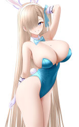 Rule 34 | 1girl, absurdres, animal ears, arm up, armpits, asuna (blue archive), asuna (bunny) (blue archive), bare shoulders, blue archive, breasts, cleavage, commentary request, detached collar, elbow gloves, fake animal ears, fake tail, gloves, hair ornament, hair over one eye, highleg, highleg leotard, highres, large breasts, leotard, long hair, looking at viewer, mole, mole on breast, parted lips, playboy bunny, rabbit ears, rabbit tail, simple background, smile, strapless, strapless leotard, tail, thighs, tina (tinafya), white background