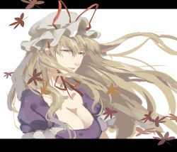 Rule 34 | 1girl, autumn leaves, blonde hair, breasts, cleavage, crying, crying with eyes open, dress, hat, leaf, letterboxed, long hair, mob cap, purple dress, smile, solo, tears, touhou, white background, yakumo yukari, yellow eyes, zhanji baitailang