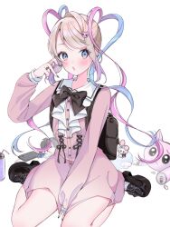 Rule 34 | 1girl, alternate costume, ame-chan (needy girl overdose), backpack, bag, between legs, black bag, black bow, black nails, blonde hair, blue eyes, blue hair, blush, bow, can, cat hair ornament, cellphone, character doll, chouzetsusaikawa tenshi-chan, collar, collared dress, dress, drink can, emoji, full body, hair ornament, twirling hair, hand between legs, highres, jewelry, long hair, long sleeves, looking at viewer, moenaomii (artist), multicolored hair, my melody, nail polish, needy girl overdose, onegai my melody, open mouth, phone, pill, pink dress, pink hair, platform footwear, pleading face emoji, quad tails, ring, sanrio, sitting, smartphone, soda can, solo, stuffed animal, stuffed toy, twintails, very long hair, wariza, white background, white collar