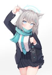 Rule 34 | 1girl, absurdres, animal ear fluff, animal ears, arm up, bag, black jacket, black skirt, blue archive, blue eyes, blush, cat ears, closed mouth, cowboy shot, dress shirt, grey hair, grey skirt, hair between eyes, hair ornament, hairclip, hand up, highres, holding, jacket, long hair, long sleeves, looking at viewer, miniskirt, nonddu, open clothes, open jacket, pleated skirt, scarf, shiroko (blue archive), shirt, skirt, solo, standing, striped, white background, white shirt