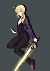 Rule 34 | absurdres, artist request, artoria pendragon (all), artoria pendragon (fate), blush, breasts, cleavage, excalibur (fate/stay night), fate/stay night, fate/zero, fate (series), formal, grey background, highres, looking at viewer, low ponytail, necktie, pants, saber (fate), shadow, simple background, small breasts, solo, suit