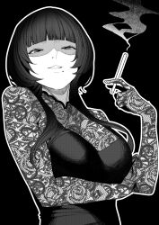 Rule 34 | 1girl, absurdres, ariadani oriko, arm under breasts, black background, black dress, black hair, blunt bangs, breasts, cigarette, dress, gloves, greyscale, high collar, highres, holding, holding cigarette, koiso usu, lace, lace gloves, lace shirt, large breasts, looking at viewer, mole, mole under mouth, monochrome, original, parted lips, shaded face, short hair with long locks, simple background, sleeveless, sleeveless dress, solo, upper body