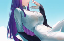 Rule 34 | 1girl, absurdres, afterimage, black robe, breasts, commentary request, dress, fanning face, fanning self, fern (sousou no frieren), hand fan, highres, large breasts, long hair, lufi ays, outdoors, purple hair, robe, robe partially removed, see-through silhouette, sitting, solo, sousou no frieren, very long hair, white dress